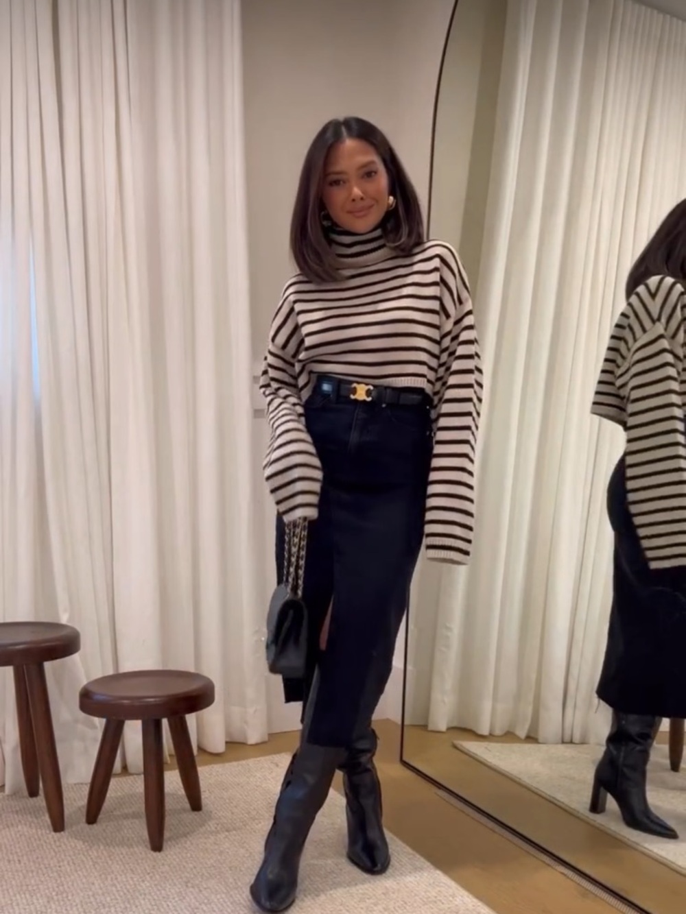 The Frankie Shop Cream and Black Striped Turtleneck Sweater